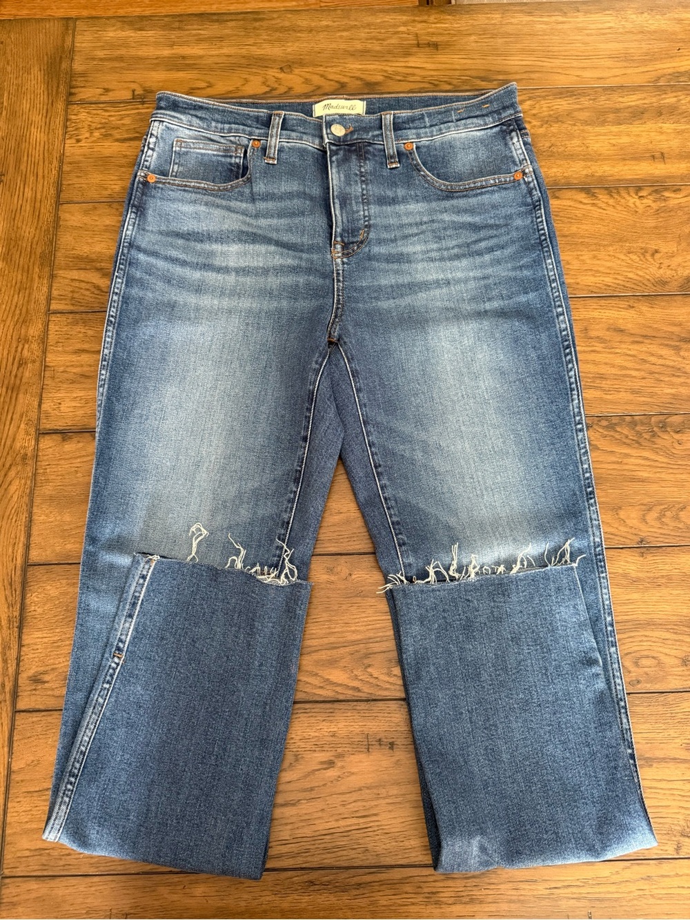 Madewell Medium Blue Frayed Knee Crop Jeans